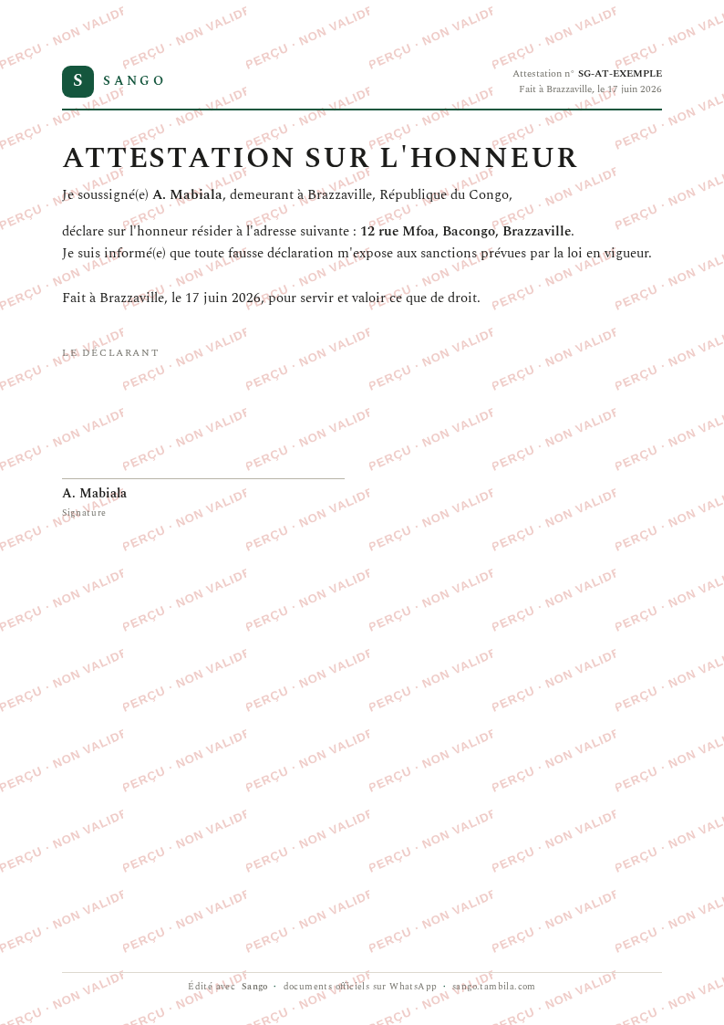 Aperçu filigrané — Attestation sur l'honneur