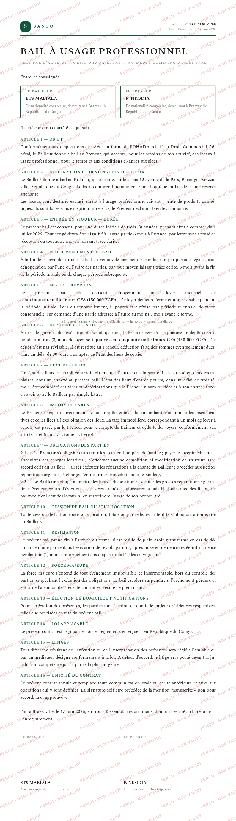 Aperçu filigrané — Bail à usage professionnel