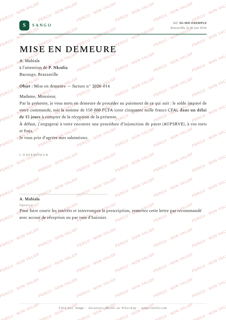 Aperçu filigrané — Mise en demeure