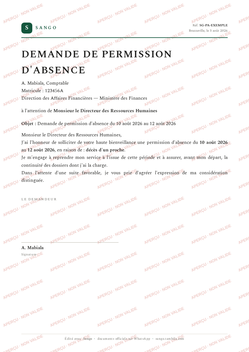Aperçu filigrané — Permission d'absence