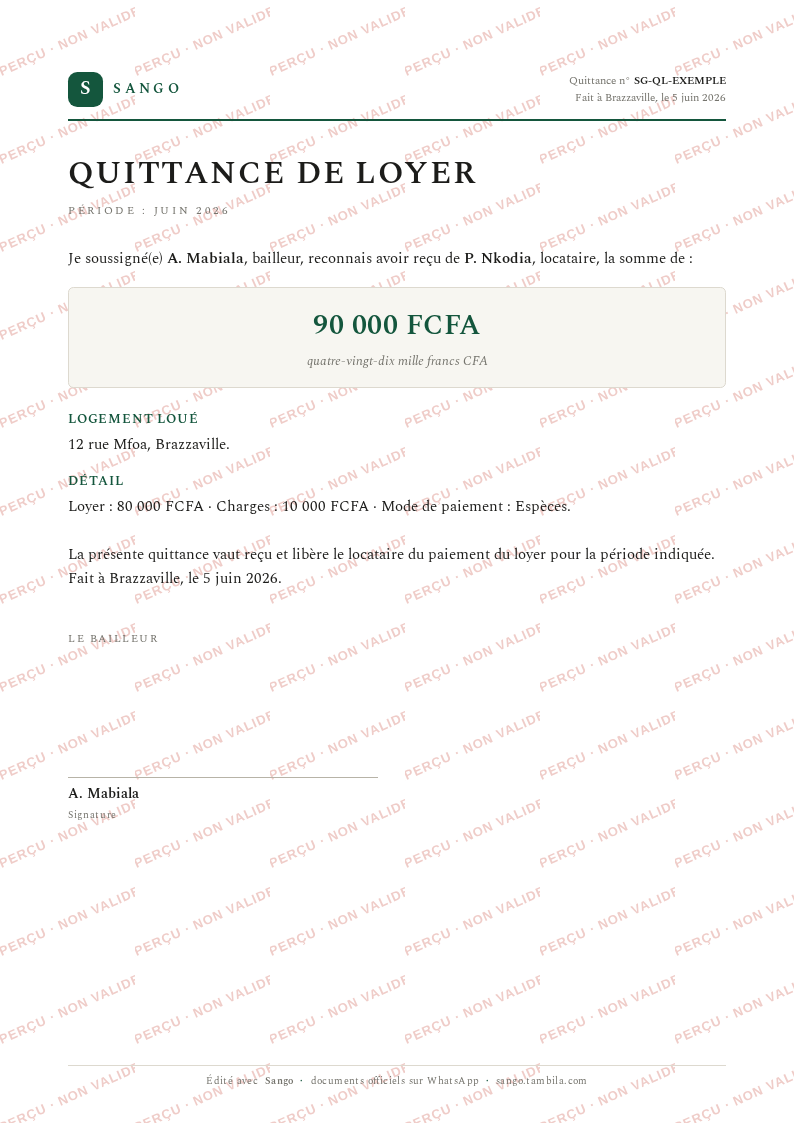 Aperçu filigrané — Quittance de loyer