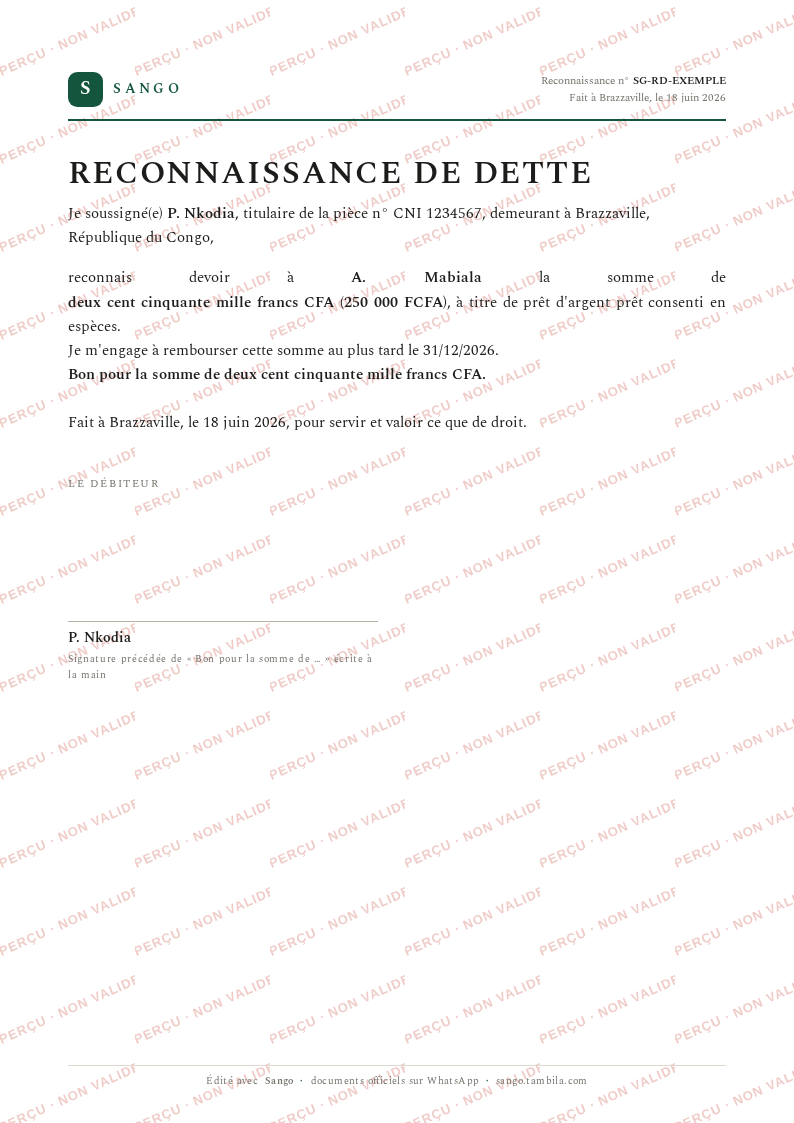 Aperçu filigrané — Reconnaissance de dette
