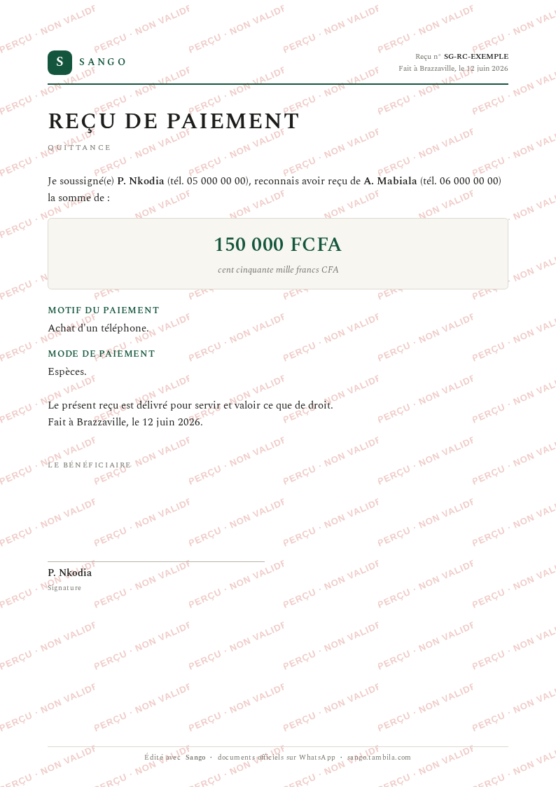 Aperçu filigrané — Reçu de paiement